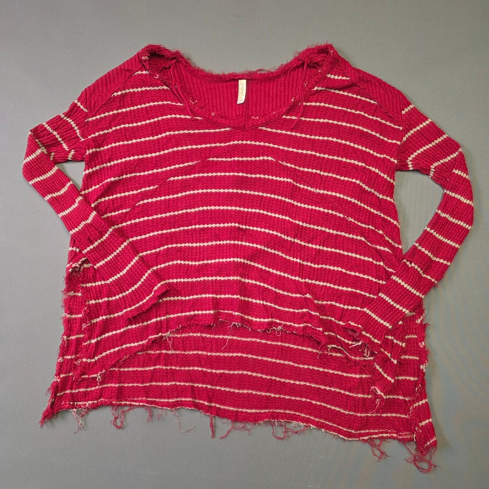 Free People Red Striped Distressed Thermal Waffle Knit Top Small P